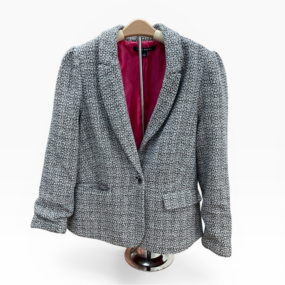 Zac & Rachel Tweed Blazer Black White Pink Lining Size L Classic Chic Jacket